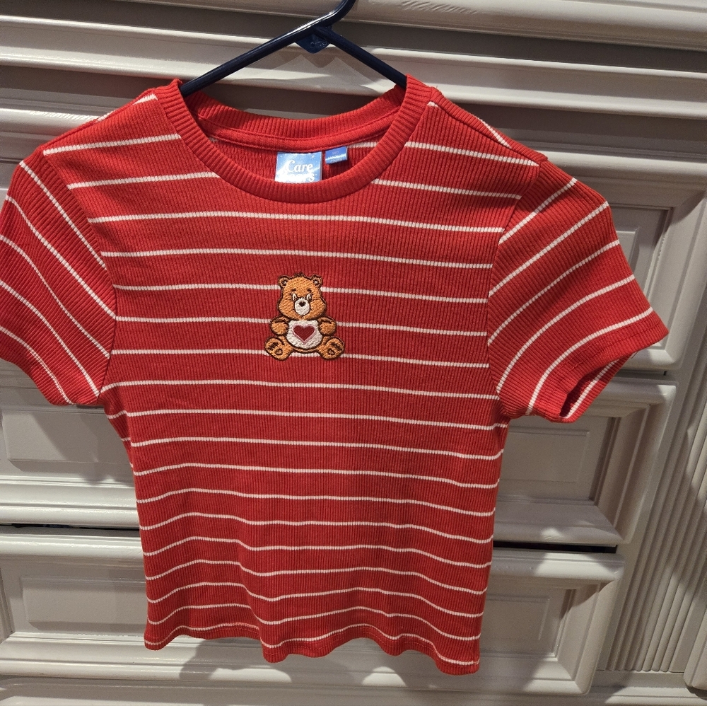 Care Bears Red and White Striped Juniors Womens Crop Tee Vintage
